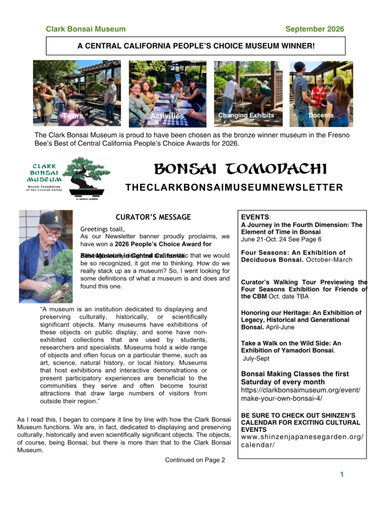 Clark Bonsai Museum newsletter page featuring four image tiles labeled Tours, Activities, Changing Exhibits, Docents.